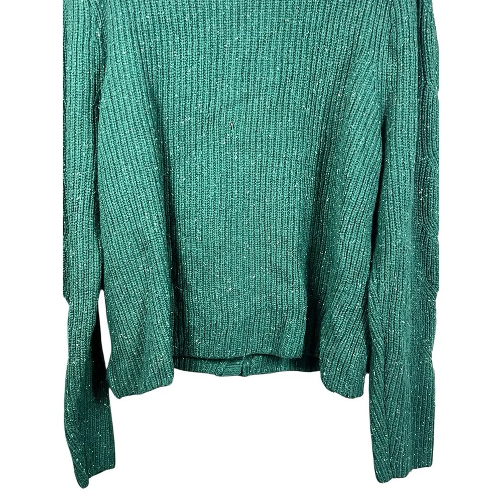 Talbots XL Green Tweed‎ Puff Sleeve Cable Knit Button Cardigan Speckled Sweater - Picture 10 of 10